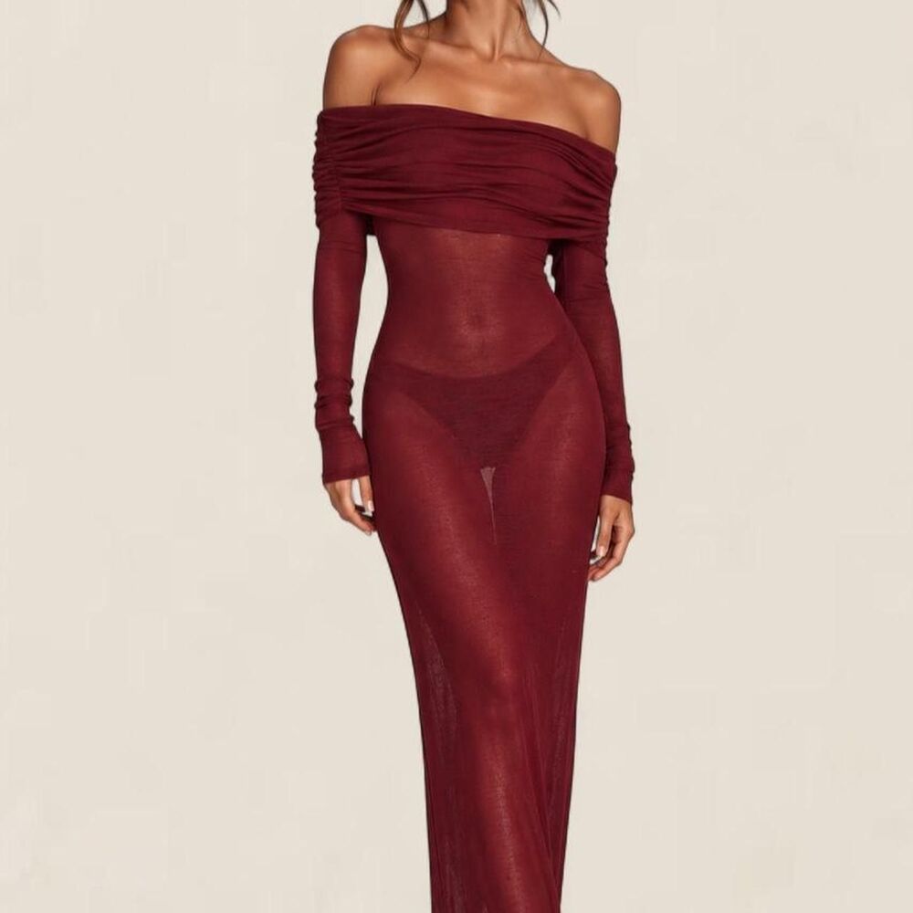 Superdown Burgundy Chantal Off Shoulder sheer gown Maxi dress Small Formal